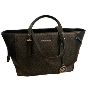 Michael Kors Jetset Black Signature Tote with Leather Trim & Silver-Tone Accents